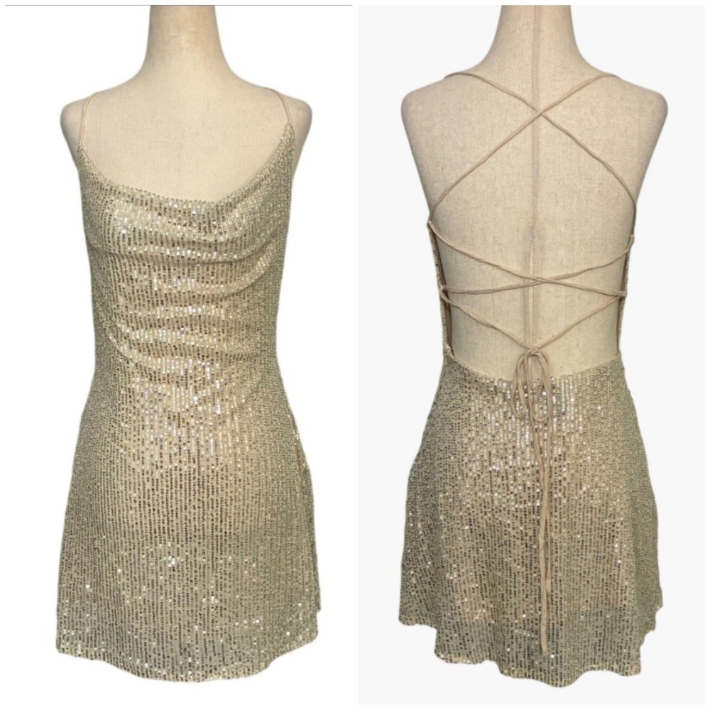 Hello Molly Champagne Gold Sequin Cowl Neck Lace‎ Up Back Mini Dress US 6 Viral